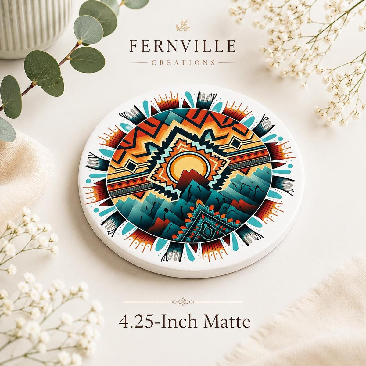 Southwestern Mountain Ceramic Coaster, Boho Desert Decor, Geometric Drink Coaster, Nature Lover Gift