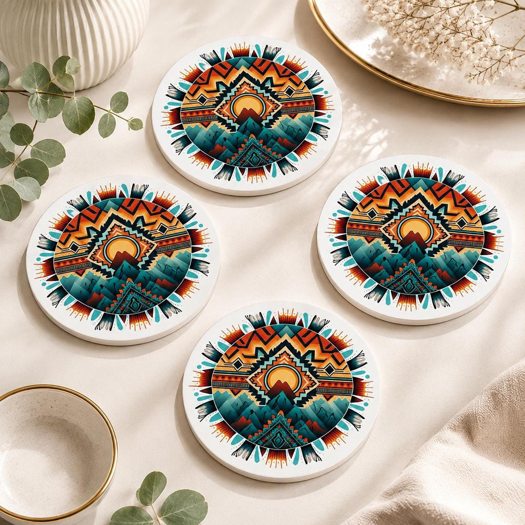 Southwestern Mountain Ceramic Coaster, Boho Desert Decor, Geometric Drink Coaster, Nature Lover Gift