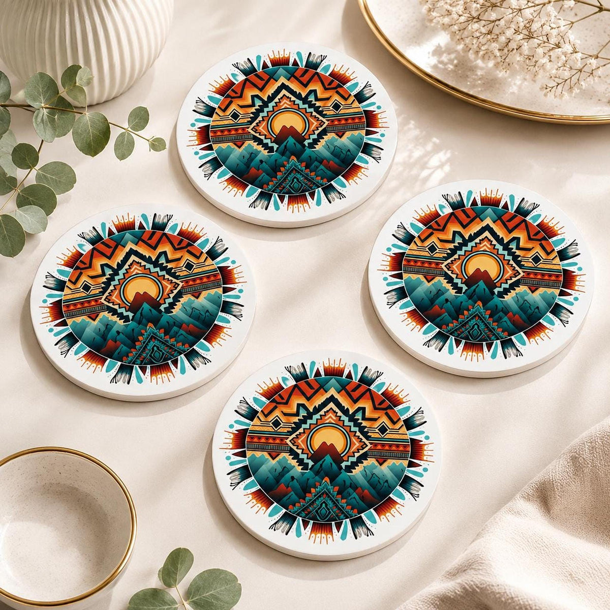 Southwestern Mountain Ceramic Coaster, Boho Desert Decor, Geometric Drink Coaster, Nature Lover Gift