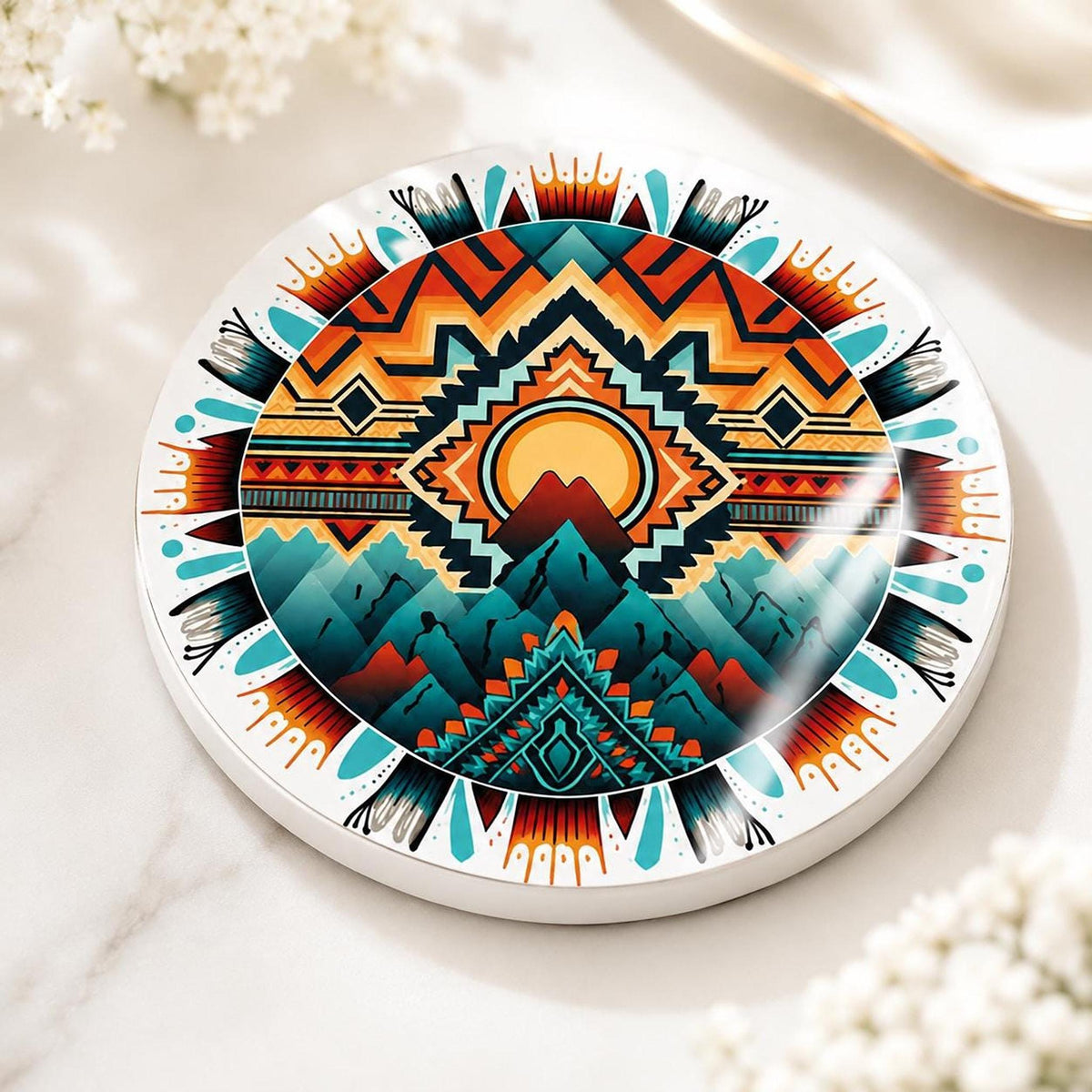 Southwestern Mountain Ceramic Coaster, Boho Desert Decor, Geometric Drink Coaster, Nature Lover Gift
