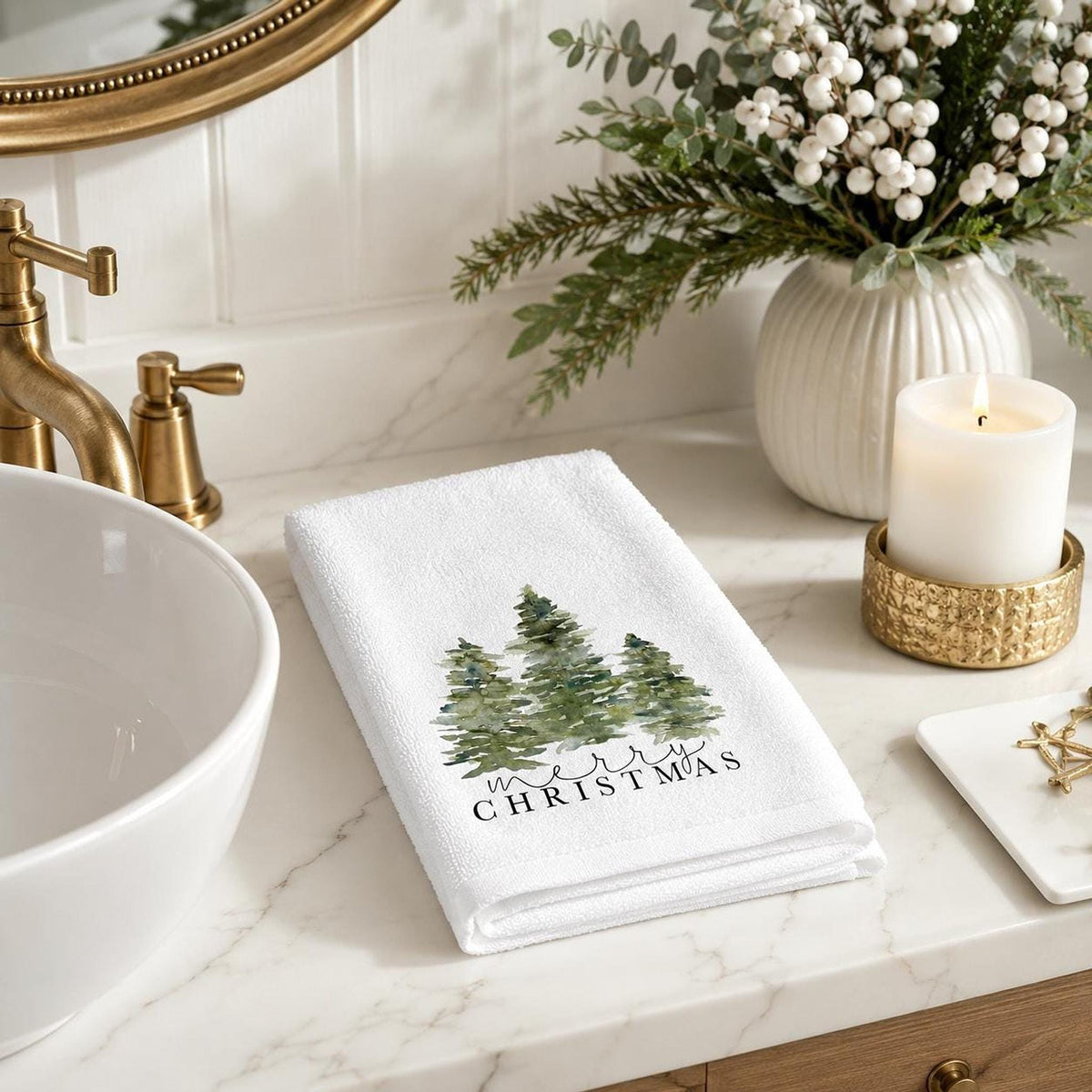 Christmas Towel, White Fingertip Design with Cotton Terrycloth Back