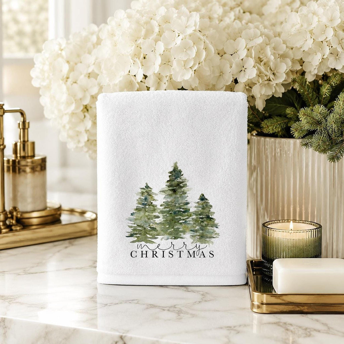 Christmas Towel, White Fingertip Design with Cotton Terrycloth Back