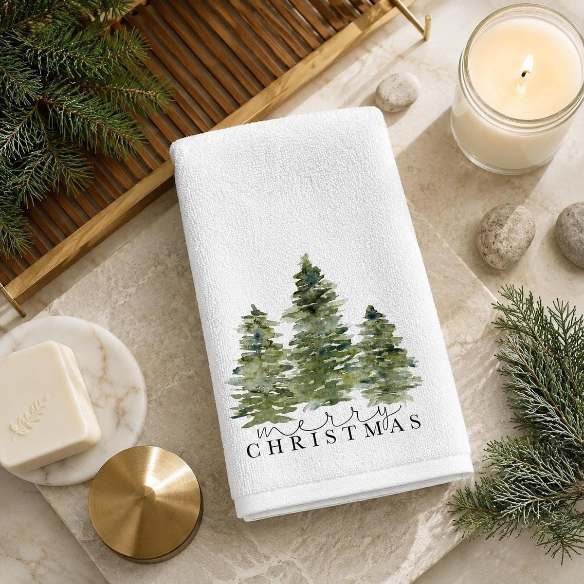 Christmas Towel, White Fingertip Design with Cotton Terrycloth Back