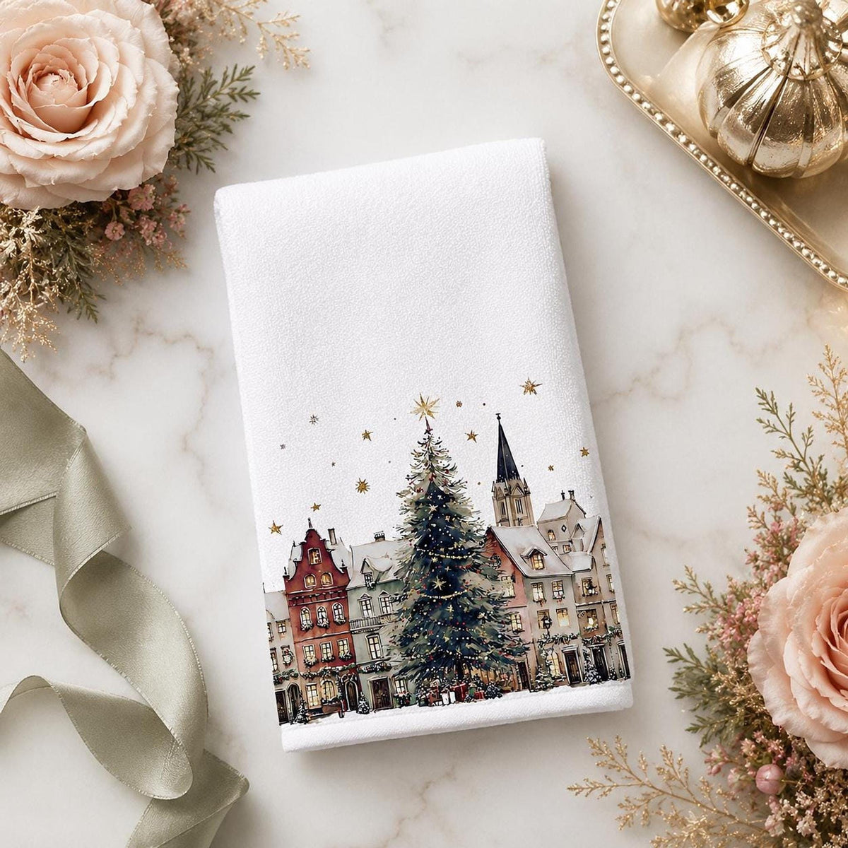 Fingertip Towel, White Christmas Village Print, Sheared Polyester And Cotton Terrycloth