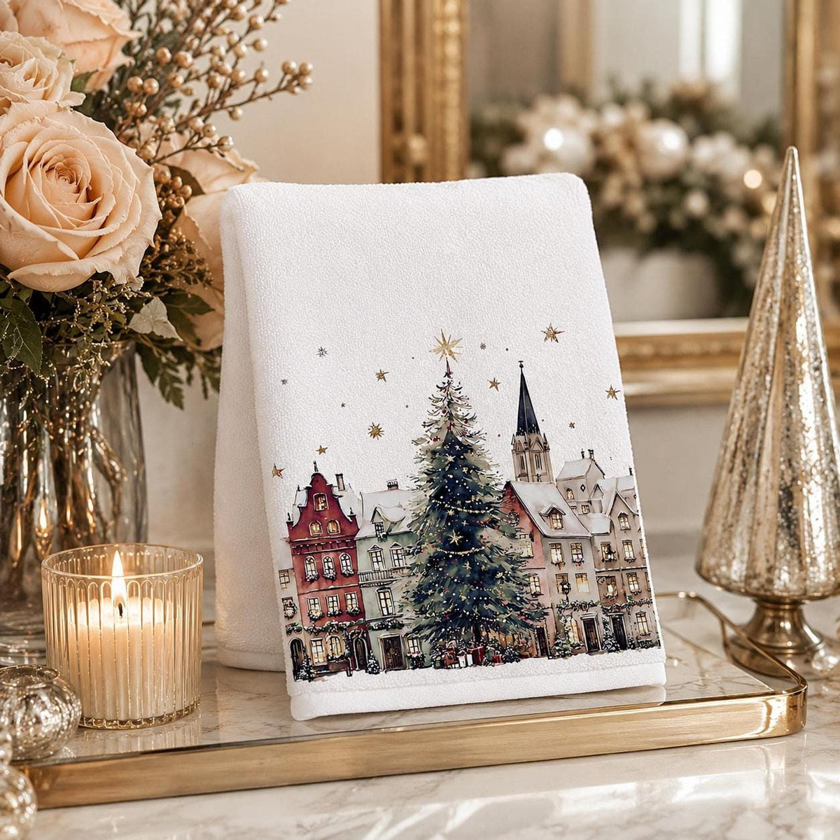 Fingertip Towel, White Christmas Village Print, Sheared Polyester And Cotton Terrycloth