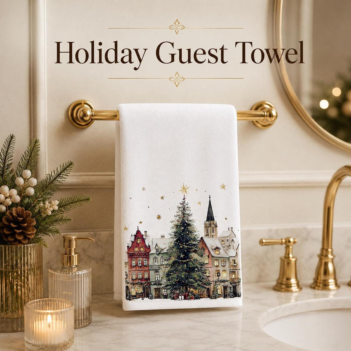 Fingertip Towel, White Christmas Village Print, Sheared Polyester And Cotton Terrycloth