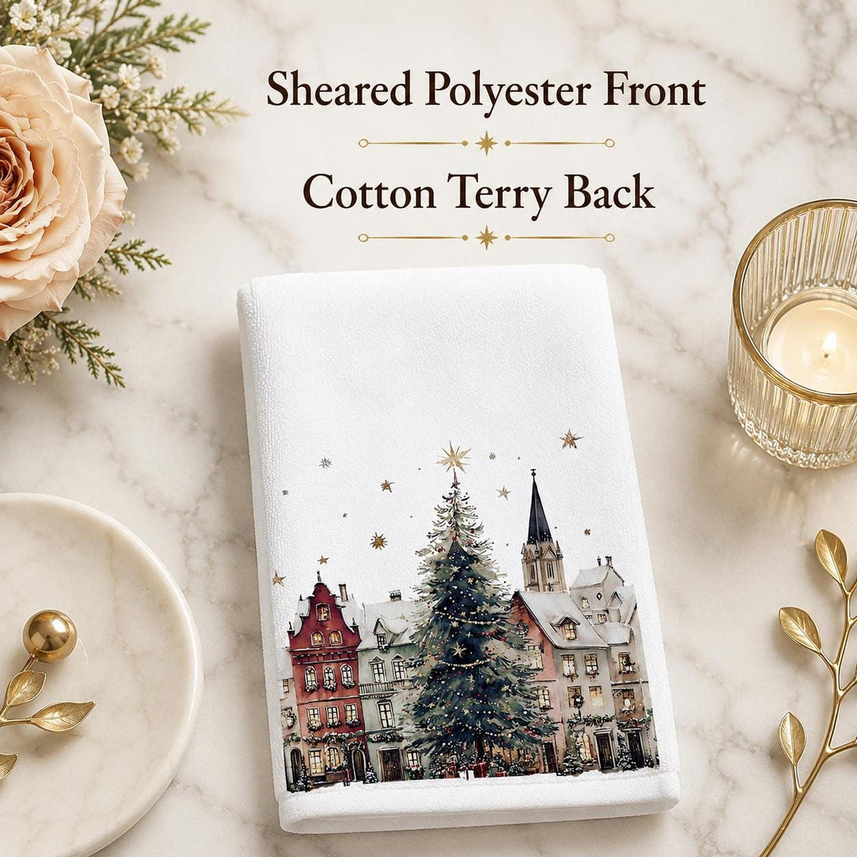 Fingertip Towel, White Christmas Village Print, Sheared Polyester And Cotton Terrycloth