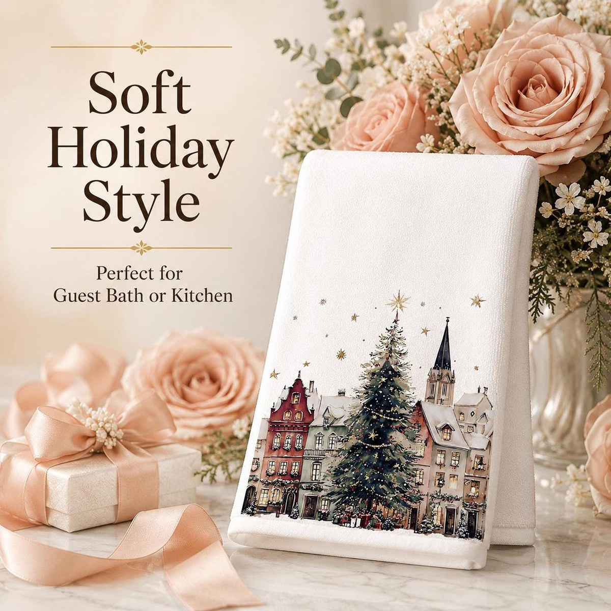 Fingertip Towel, White Christmas Village Print, Sheared Polyester And Cotton Terrycloth
