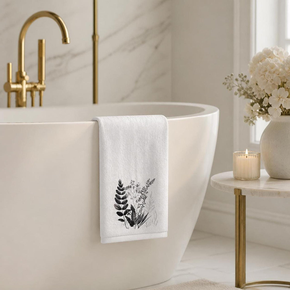 Fingertip Towel, White Botanical Decor with Black Floral Print