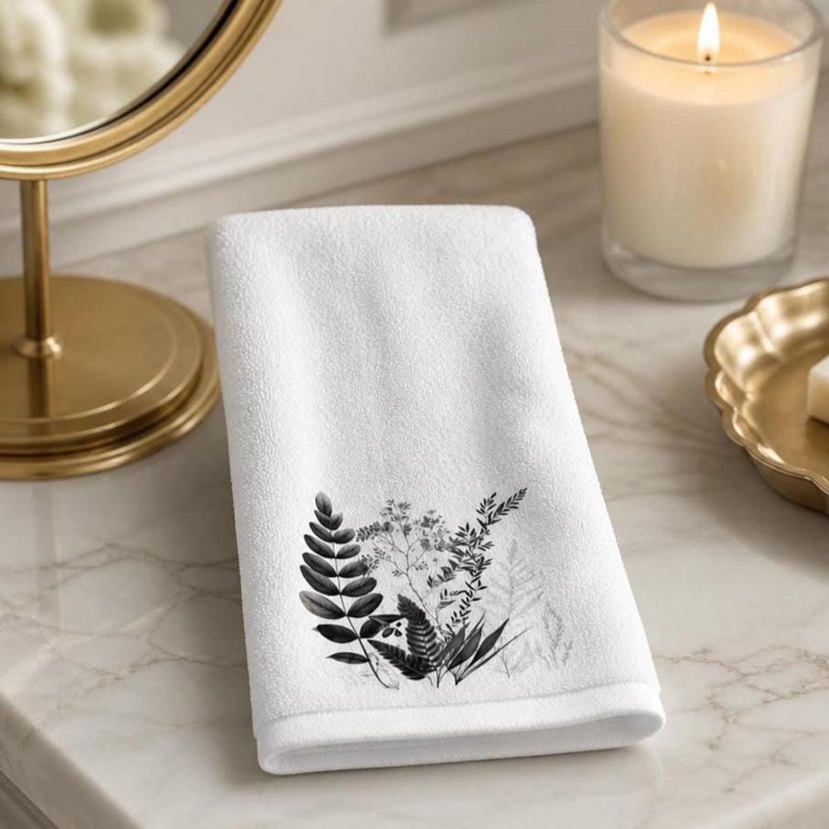 Fingertip Towel, White Botanical Decor with Black Floral Print
