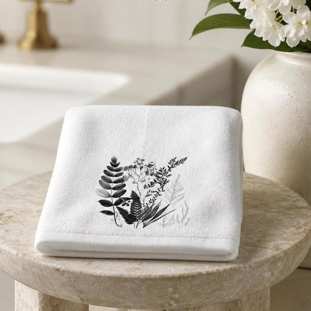 Fingertip Towel, White Botanical Decor with Black Floral Print