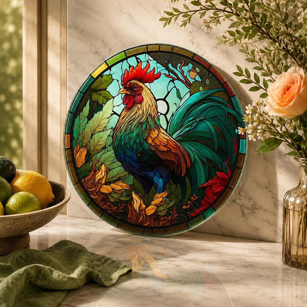 Glass Cutting Board, Round Tempered Rooster Artwork for Charcuterie Serving
