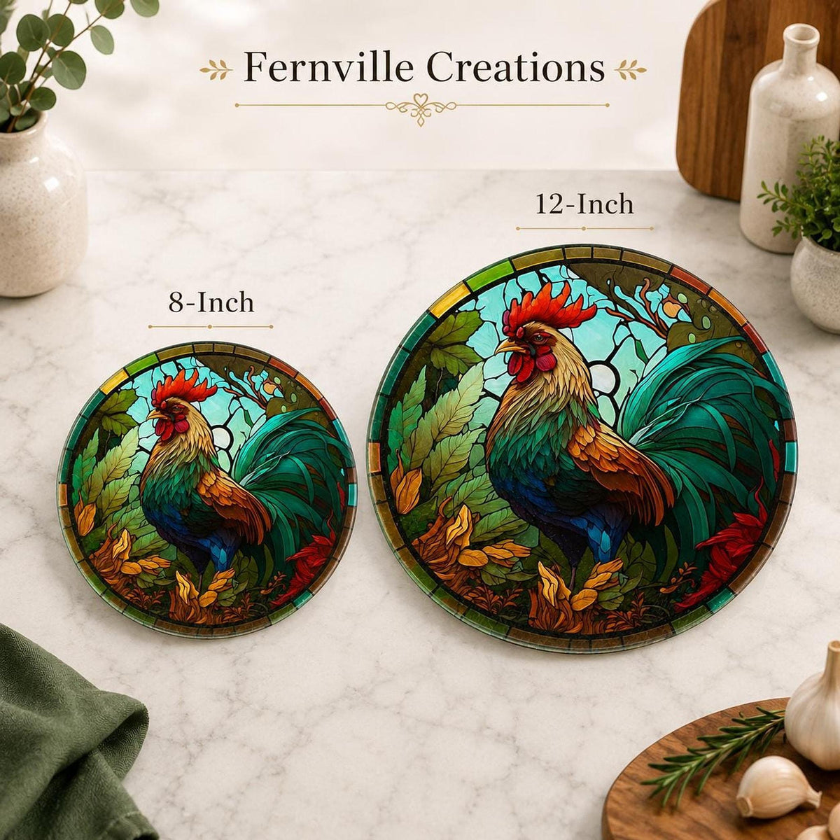 Glass Cutting Board, Round Tempered Rooster Artwork for Charcuterie Serving