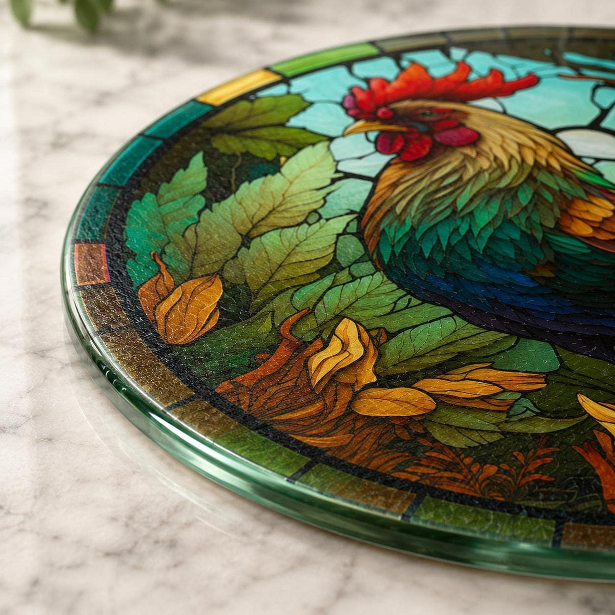 Glass Cutting Board, Round Tempered Rooster Artwork for Charcuterie Serving