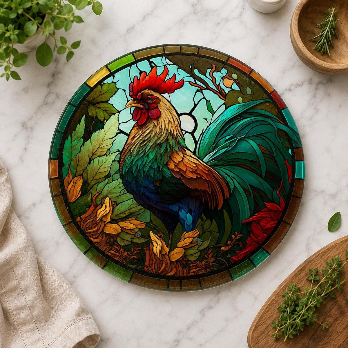 Glass Cutting Board, Round Tempered Rooster Artwork for Charcuterie Serving