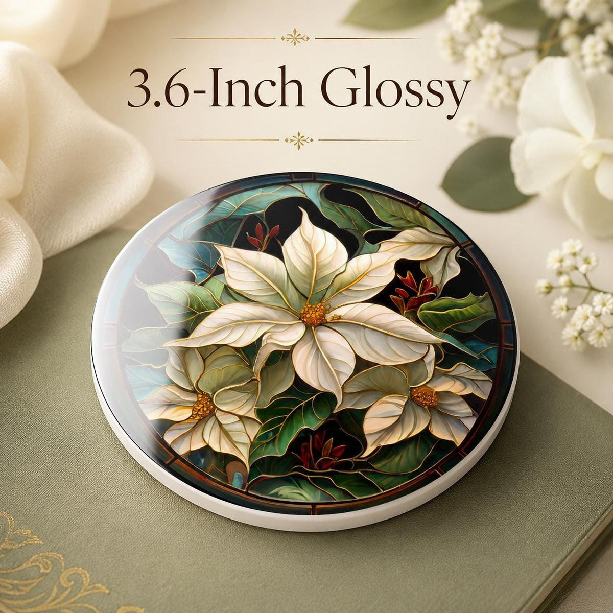Poinsettia Coaster, White Ceramic Holiday Decor with Cork Backing