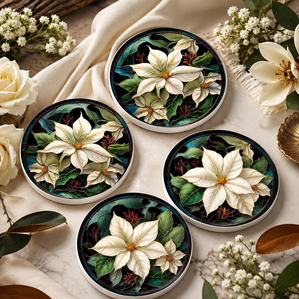 Poinsettia Coaster, White Ceramic Holiday Decor with Cork Backing