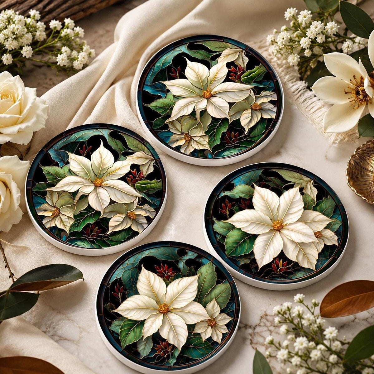 Poinsettia Coaster, White Ceramic Holiday Decor with Cork Backing