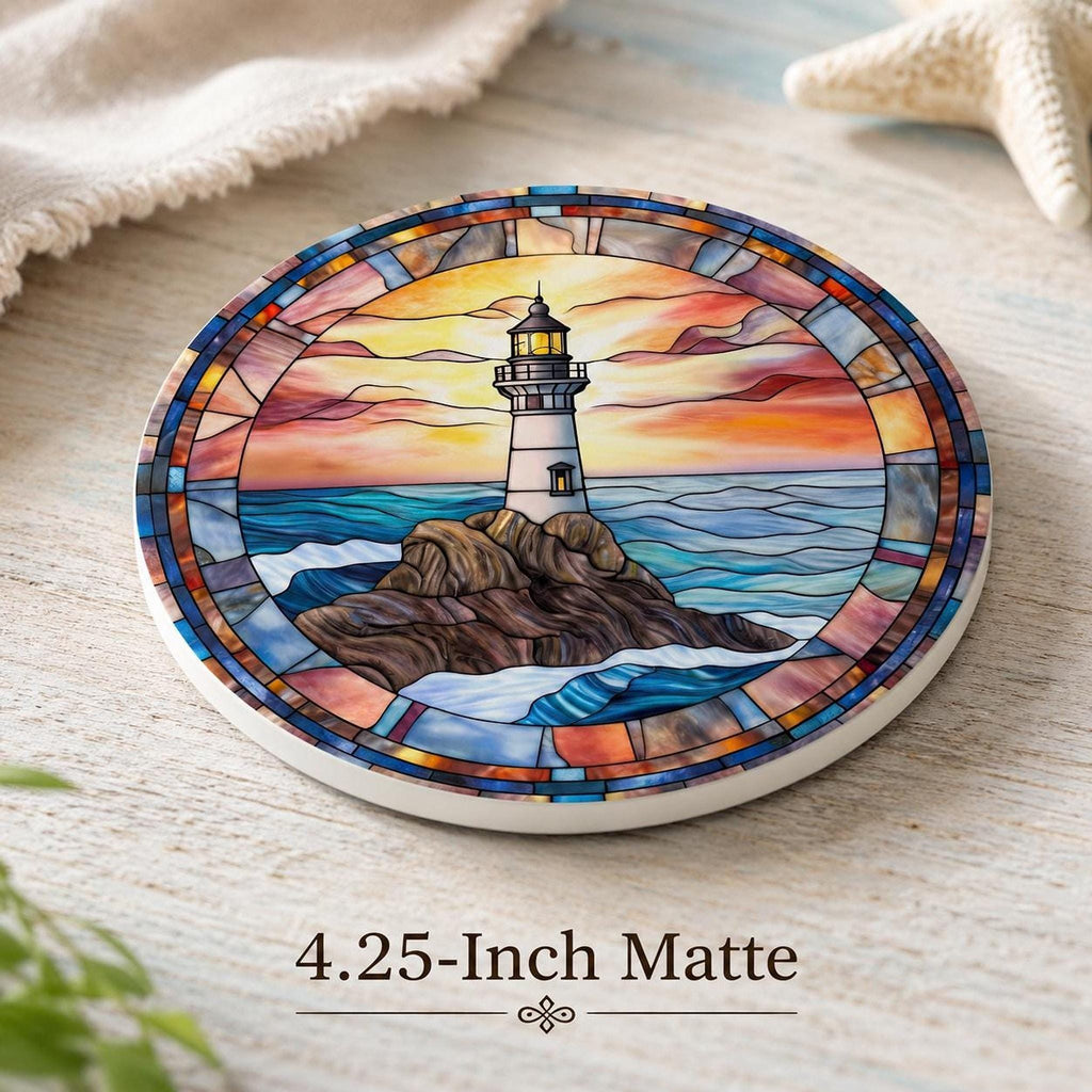 Lighthouse Coaster, Ceramic Ocean Wave Decor in 3.6–4.25 Inch Glossy or Matte