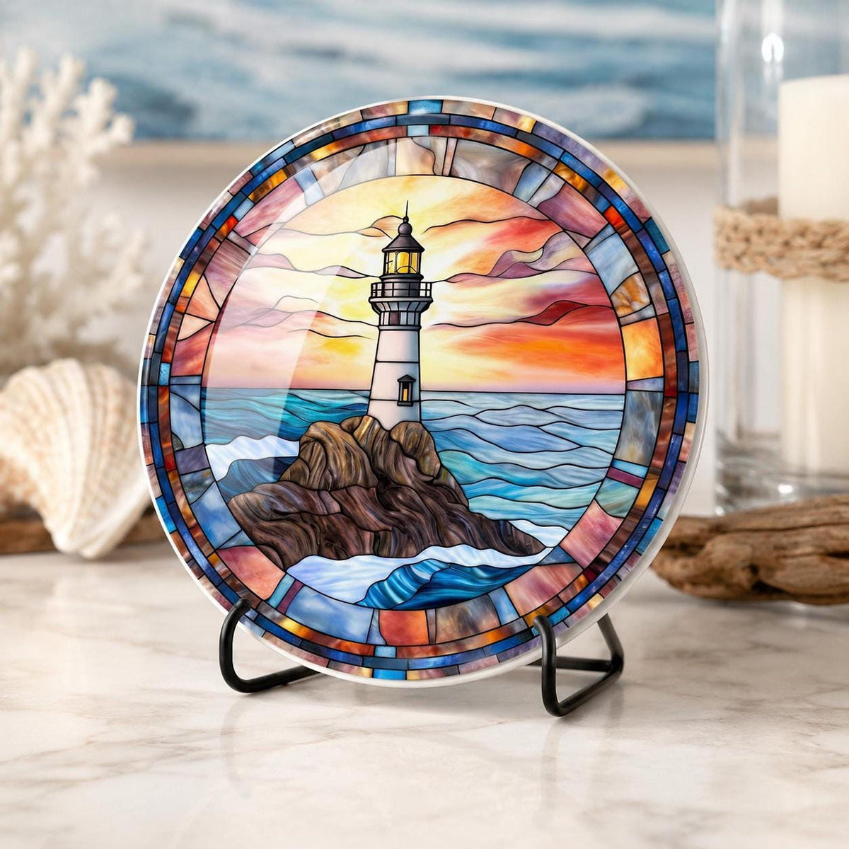 Lighthouse Coaster, Ceramic Ocean Wave Decor in 3.6–4.25 Inch Glossy or Matte