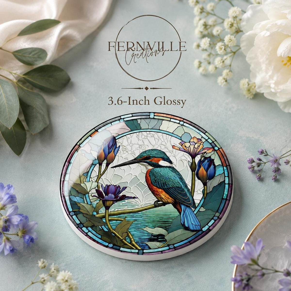 Kingfisher Coaster, Ceramic Design in 3.6–4.25 Inch Sizes, Glossy Or Matte Finish
