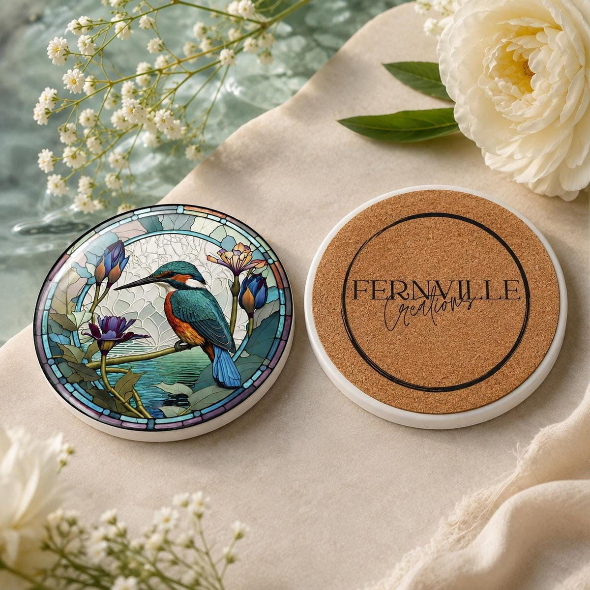 Kingfisher Coaster, Ceramic Design in 3.6–4.25 Inch Sizes, Glossy Or Matte Finish