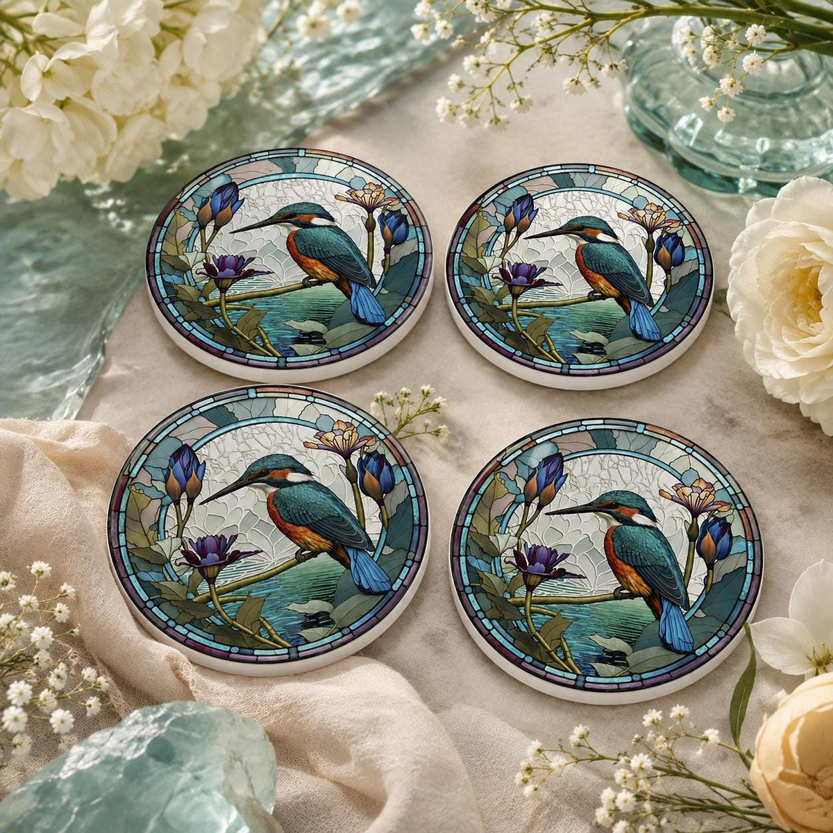 Kingfisher Coaster, Ceramic Design in 3.6–4.25 Inch Sizes, Glossy Or Matte Finish