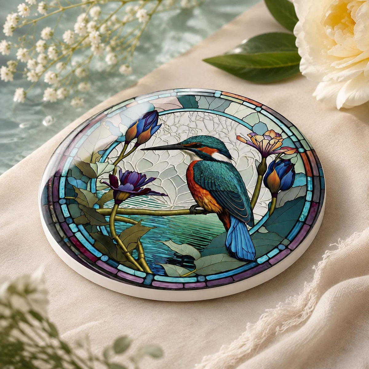 Kingfisher Coaster, Ceramic Design in 3.6–4.25 Inch Sizes, Glossy Or Matte Finish