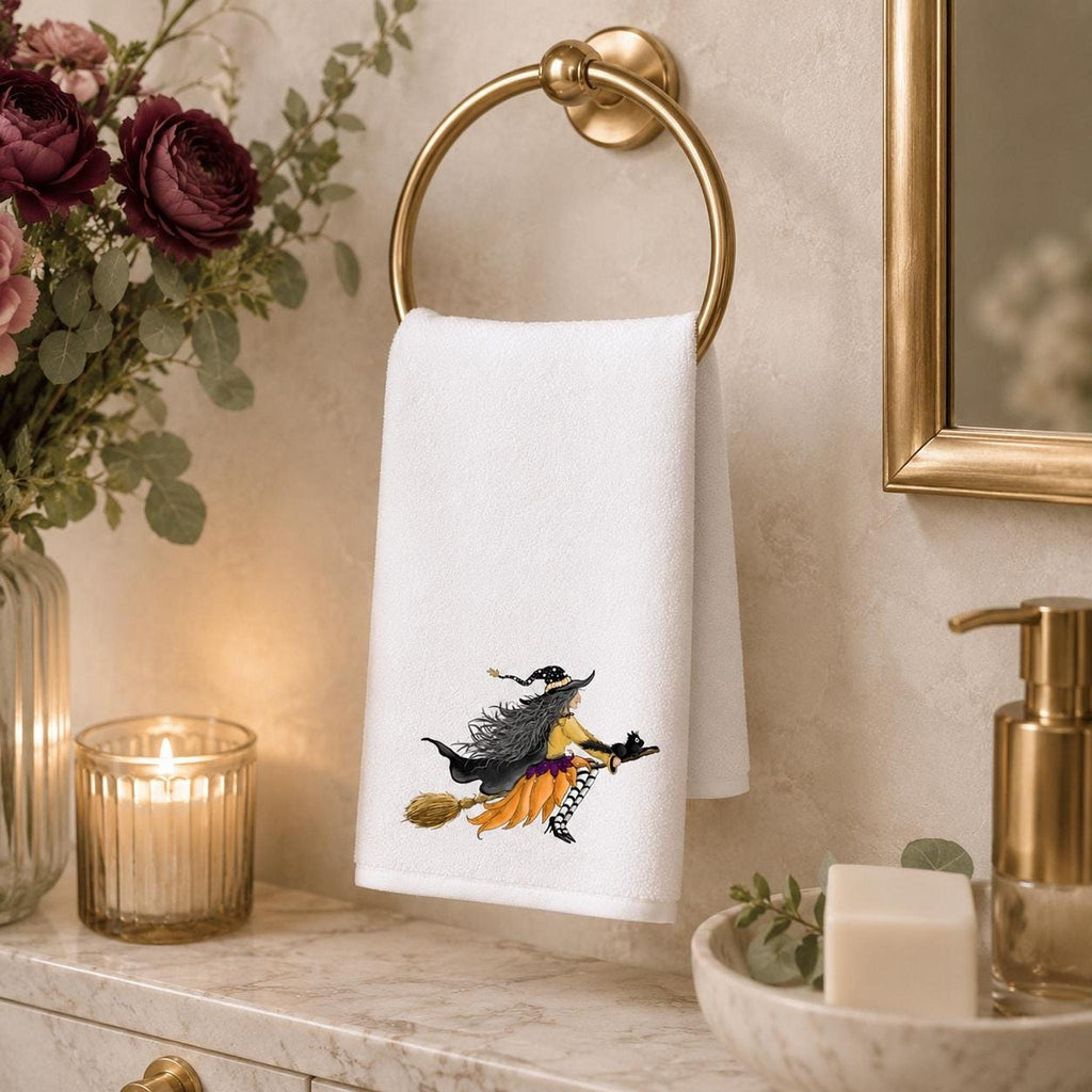 Hand Towel, White Sheared Polyester Halloween Witch Design, Cotton Terrycloth Back