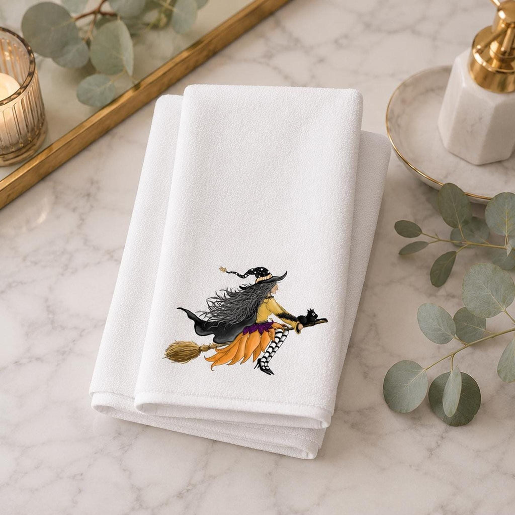 Hand Towel, White Sheared Polyester Halloween Witch Design, Cotton Terrycloth Back