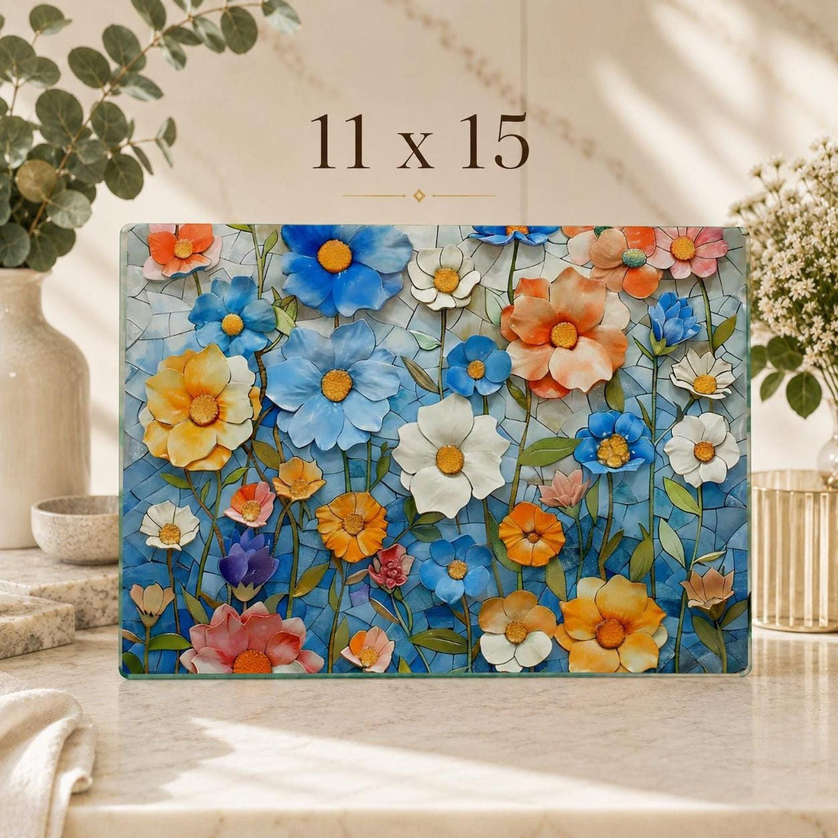 Glass Cutting Board, Colorful Floral Mosaic, Tempered Charcuterie Tray