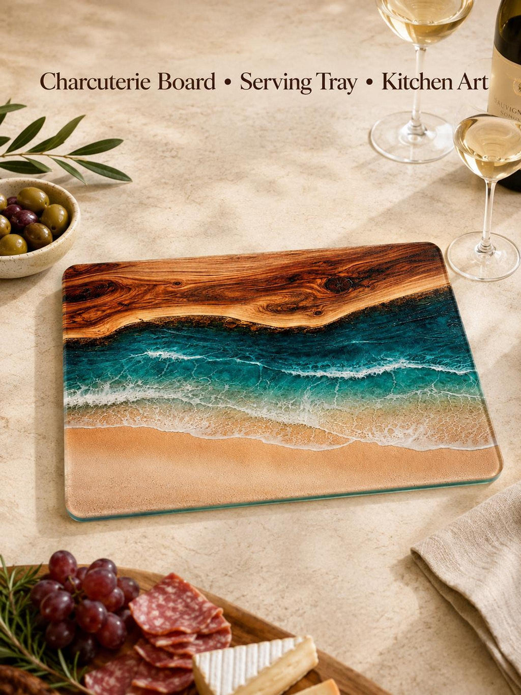 Ocean Charcuterie Cutting Board, Two Sizes, Textured Tempered Glass