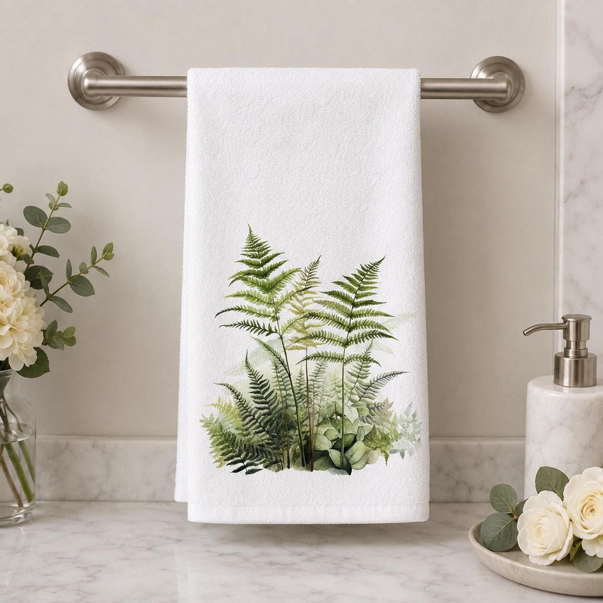Fern Hand Towel, Watercolor Botanical Decor, 15 × 25 Inch Cotton Terry Back