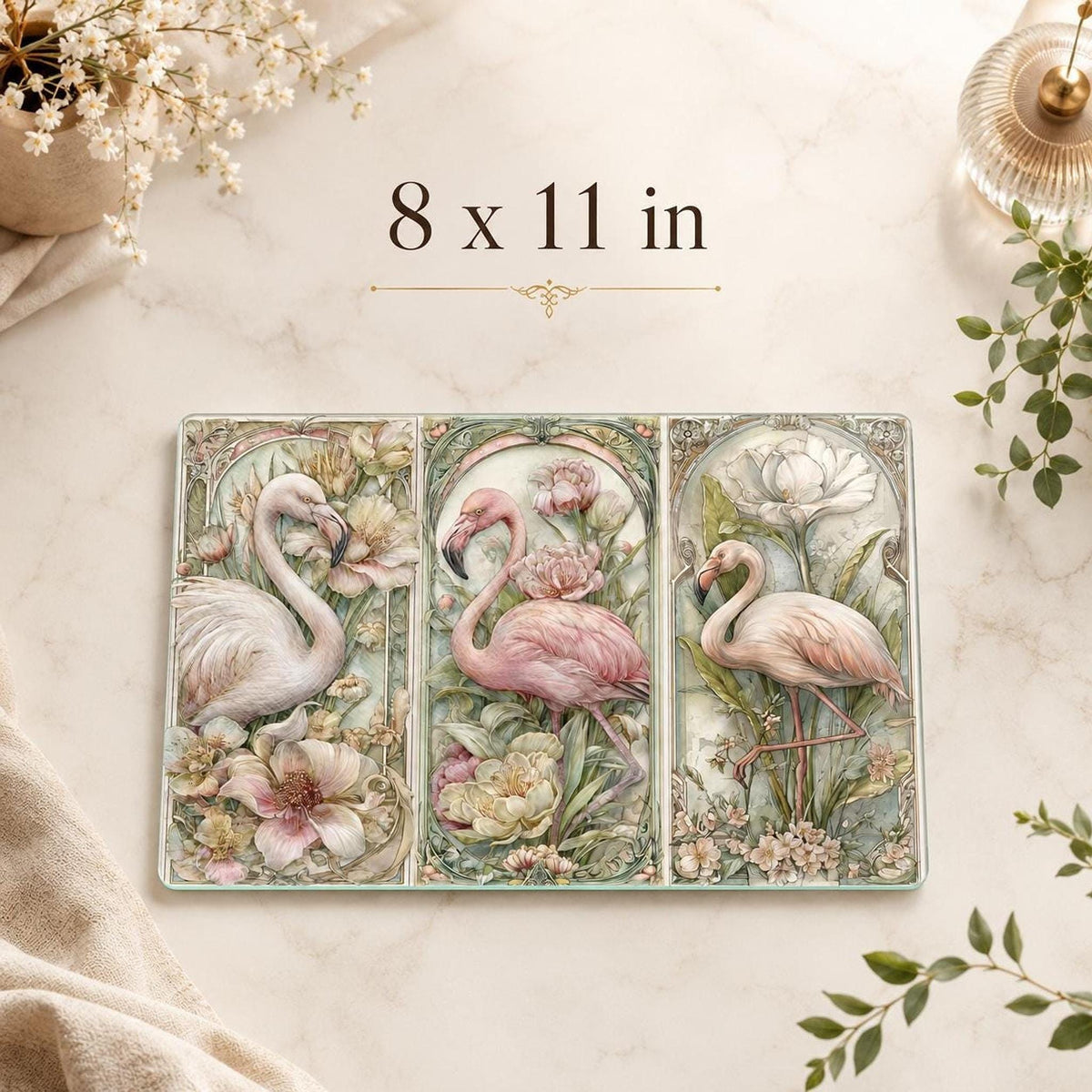 Glass Cutting Board, Tempered Pink Flamingo Botanical Design