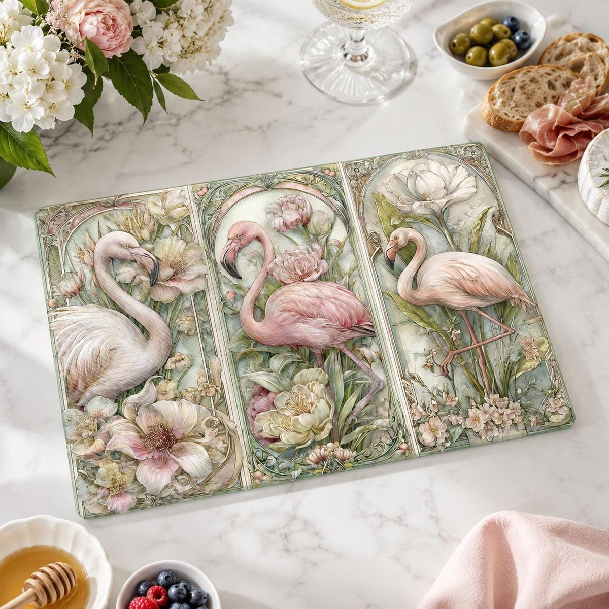 Glass Cutting Board, Tempered Pink Flamingo Botanical Design