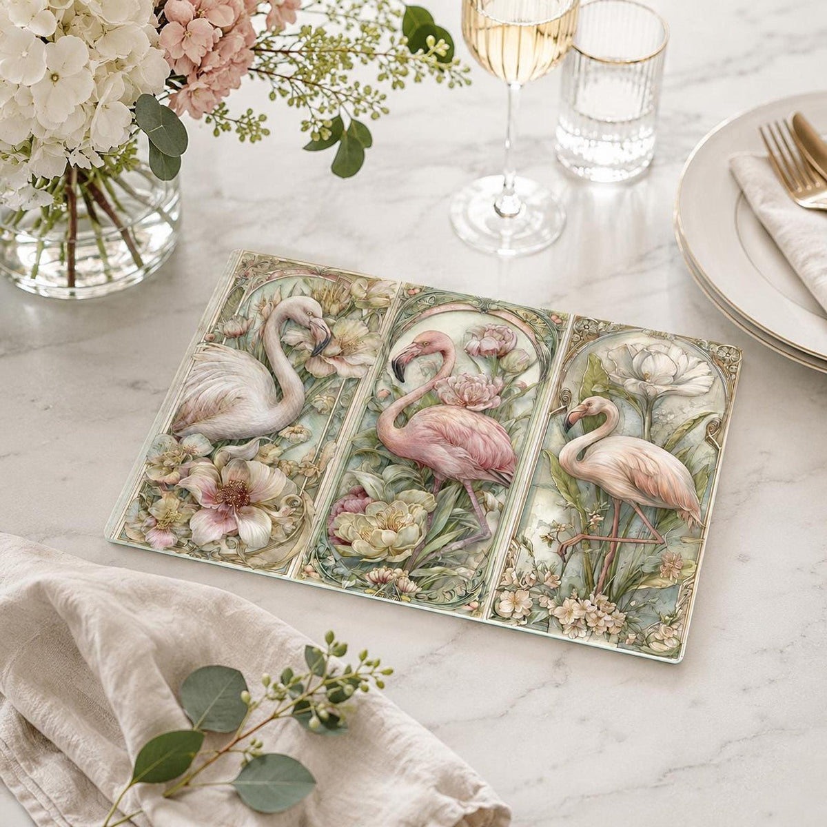 Glass Cutting Board, Tempered Pink Flamingo Botanical Design