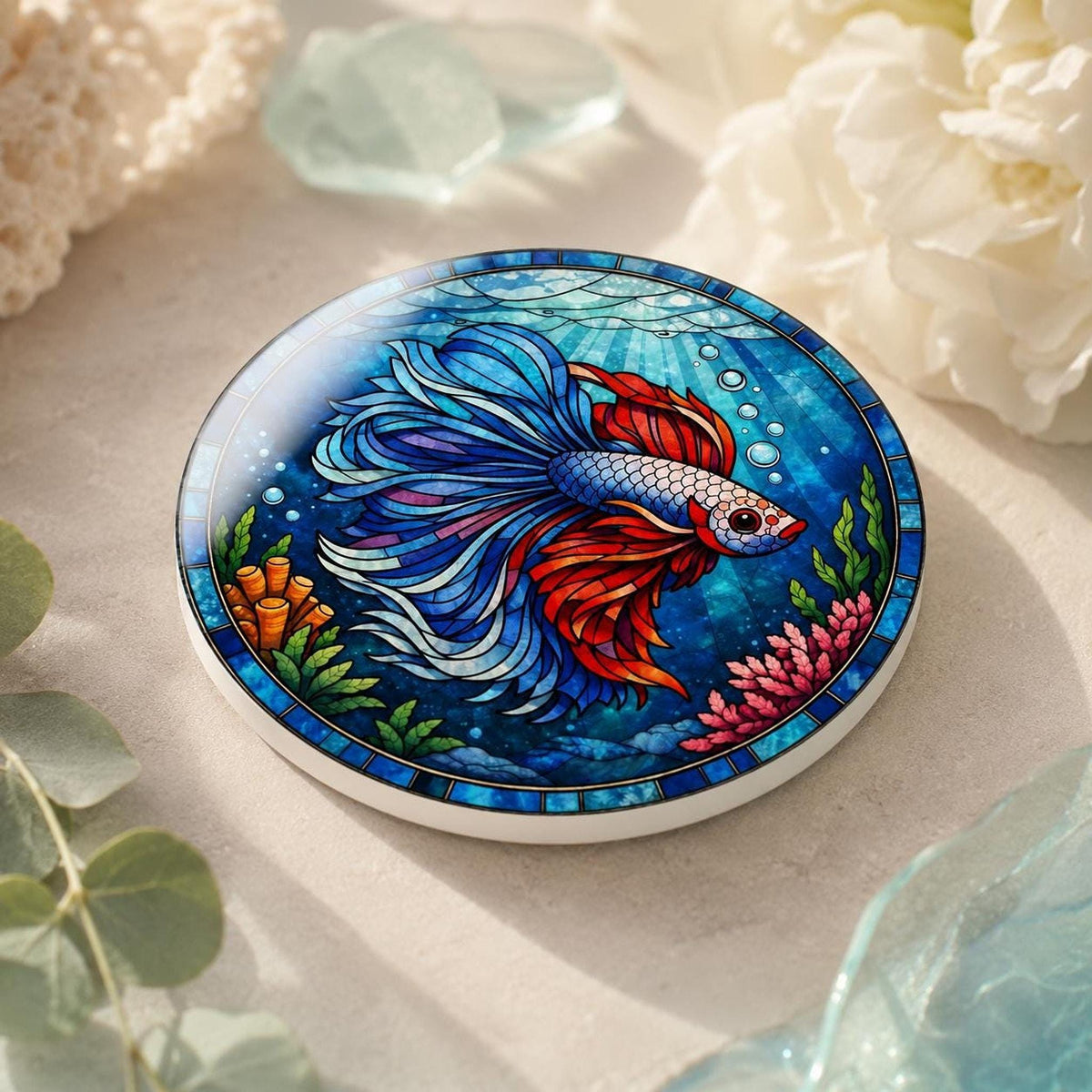 Betta Fish Coaster, Colorful Ceramic Drink for Lovers