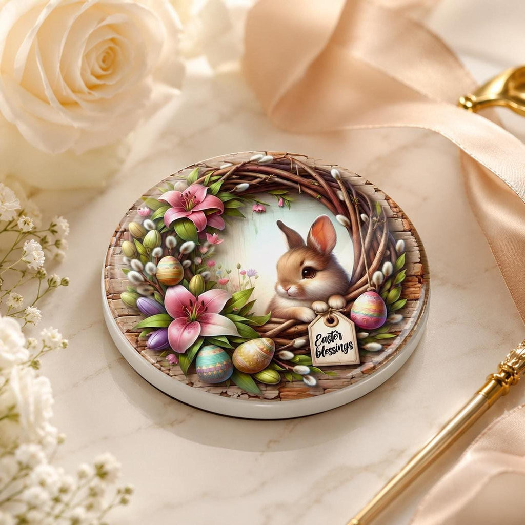 Easter Coaster, Ceramic Bunny Decor with Floral Wreath and Cork Backing