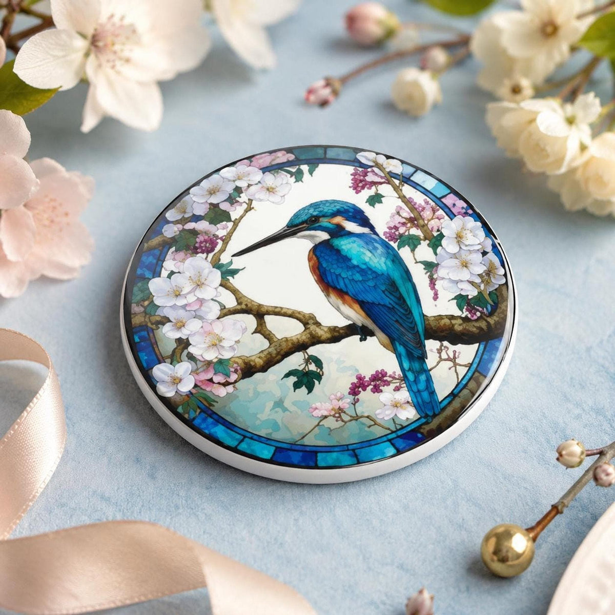 Nature Table Decor Kingfisher Ceramic Coaster, Floral Blue Bird Design