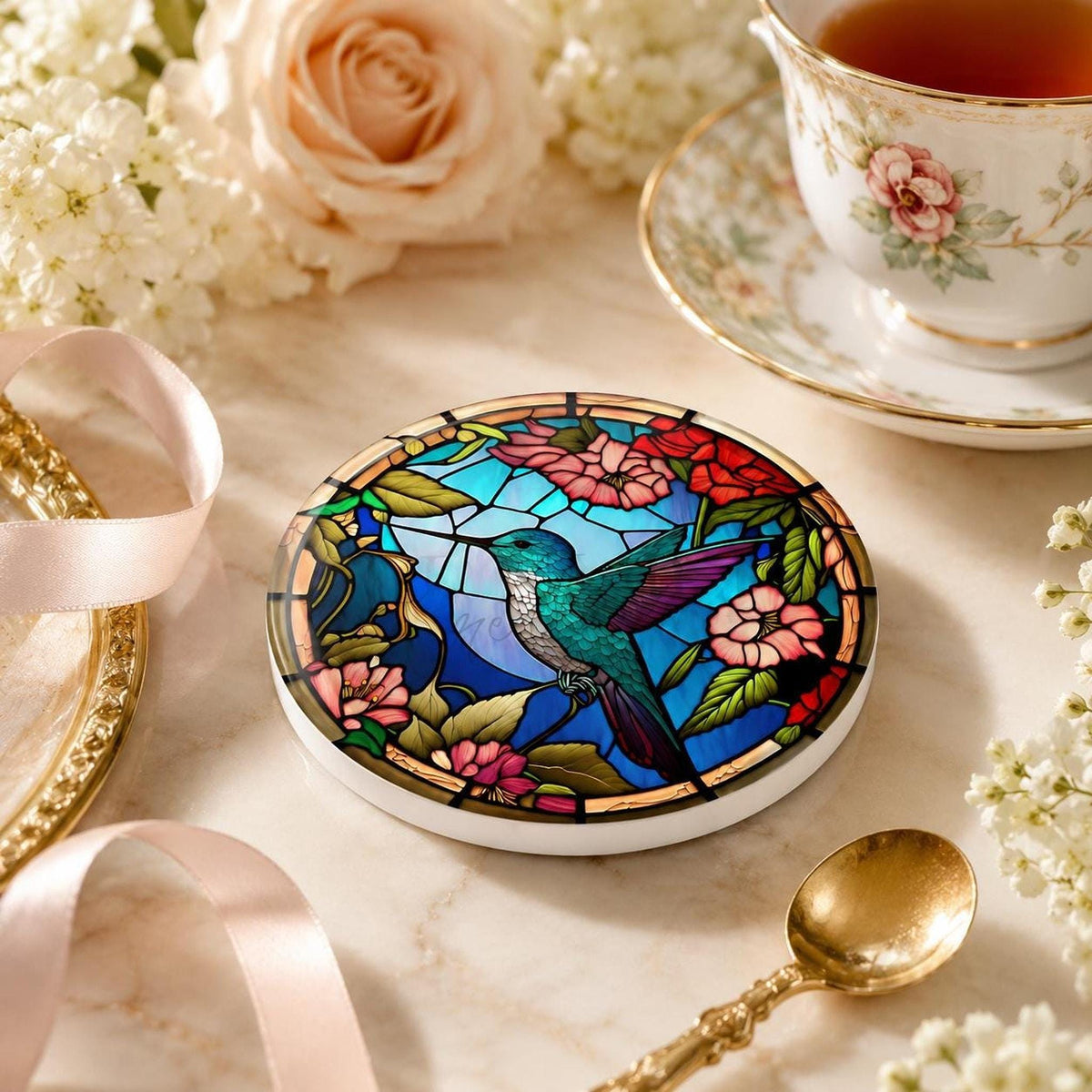 Art Glass Bird Ceramic Coaster, Hummingbird Floral Design, Glossy Or Matte Finish