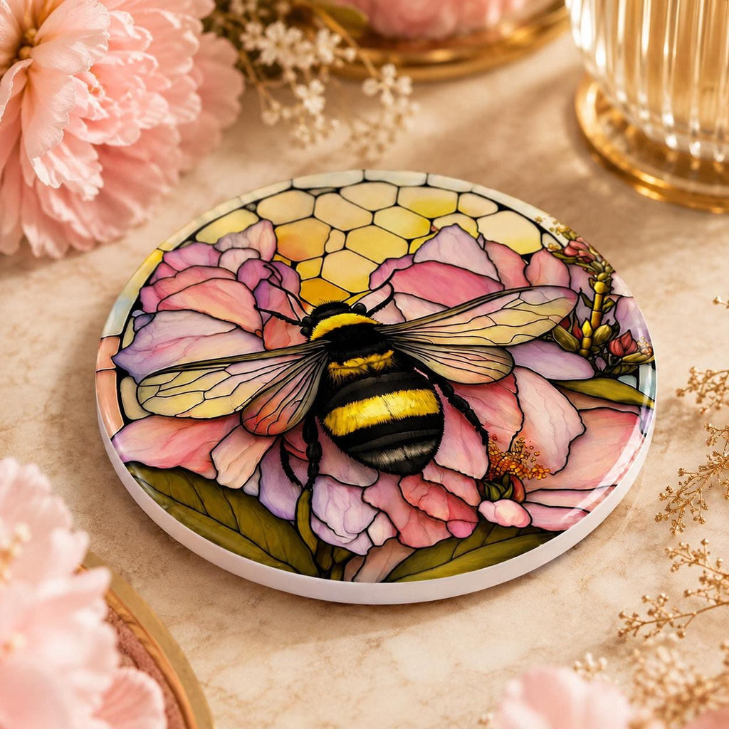Bumblebee Coaster, Ceramic Pink Floral Decor with Natural Cork Backing
