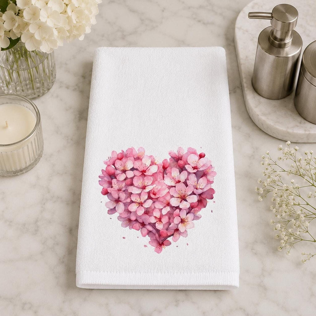 Hand Towel, Pink Floral Heart, Cotton Terrycloth Powder Room Decor