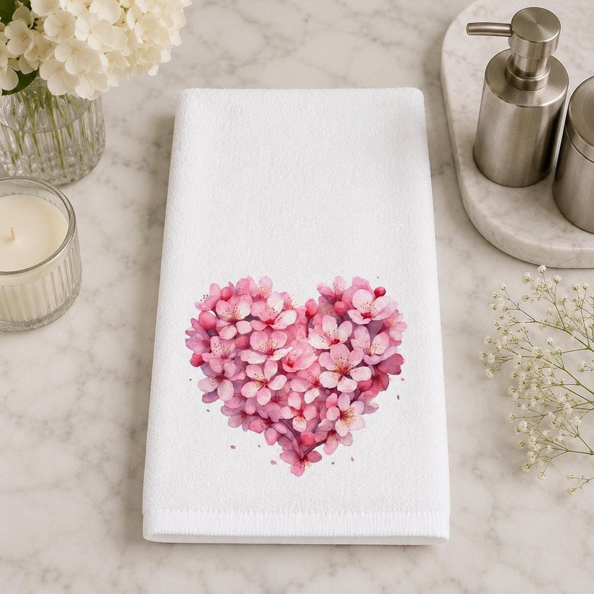 Hand Towel, Pink Floral Heart, Cotton Terrycloth Powder Room Decor