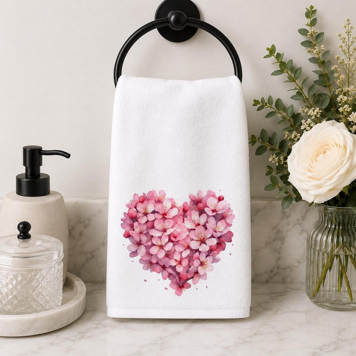Hand Towel, Pink Floral Heart, Cotton Terrycloth Powder Room Decor