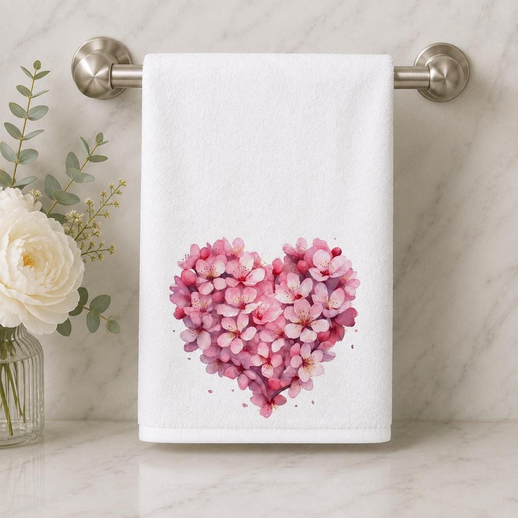 Hand Towel, Pink Floral Heart, Cotton Terrycloth Powder Room Decor