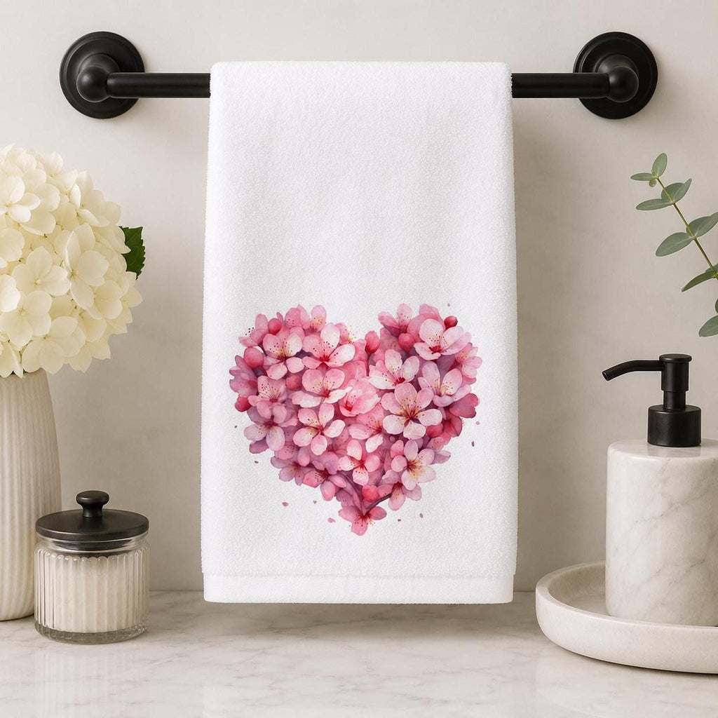 Hand Towel, Pink Floral Heart, Cotton Terrycloth Powder Room Decor