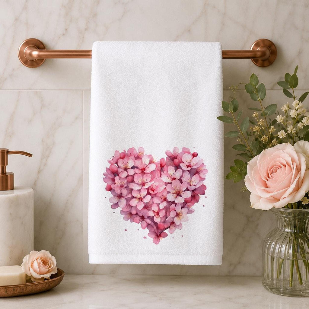 Hand Towel, Pink Floral Heart, Cotton Terrycloth Powder Room Decor