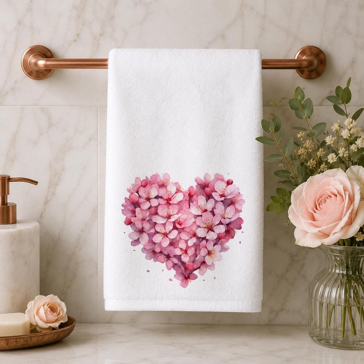 Hand Towel, Pink Floral Heart, Cotton Terrycloth Powder Room Decor