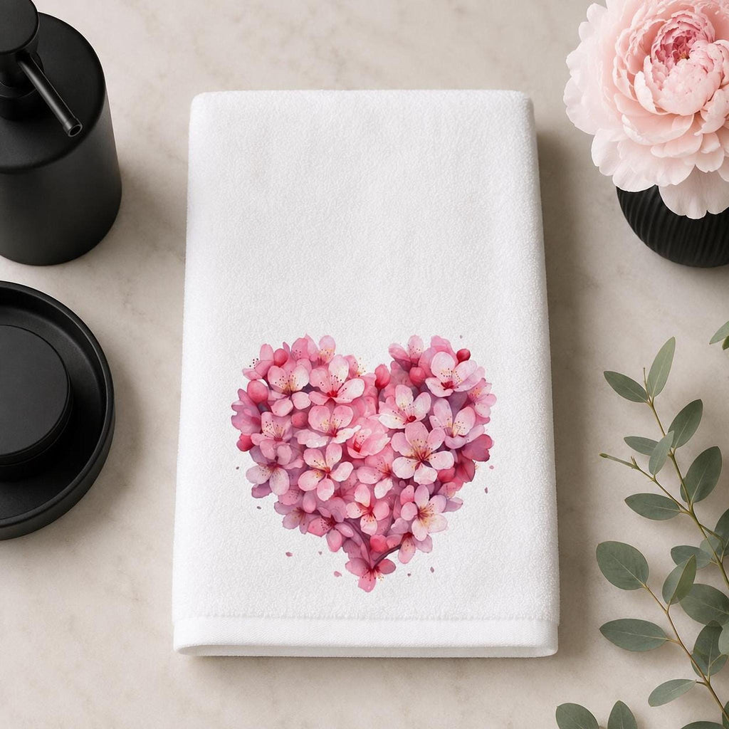 Hand Towel, Pink Floral Heart, Cotton Terrycloth Powder Room Decor