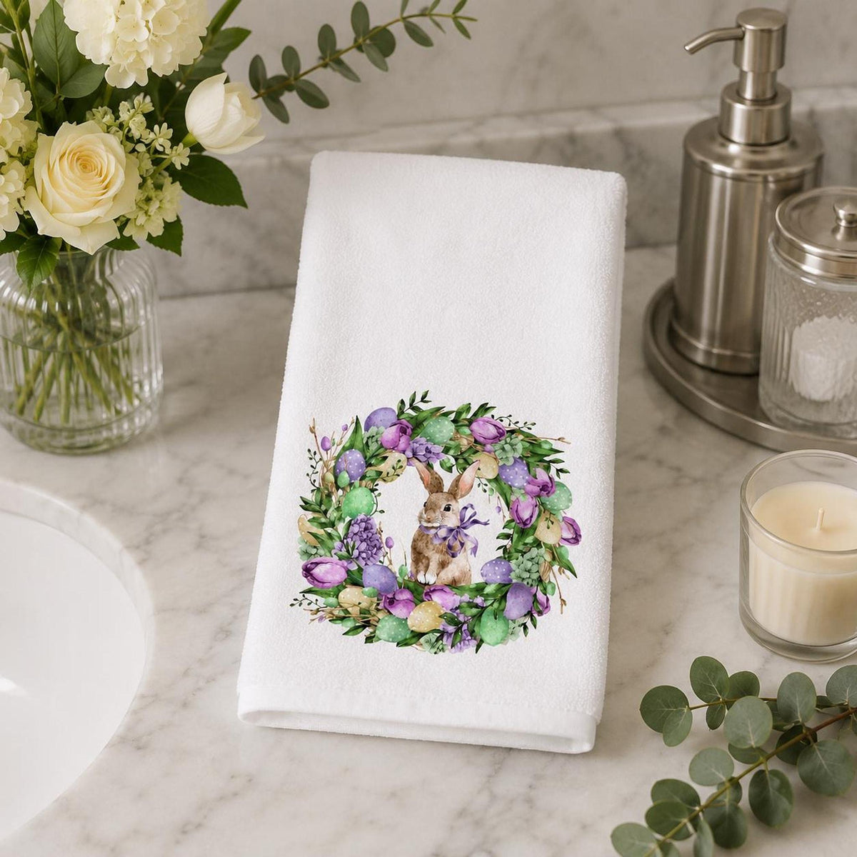 Watercolor Easter Bunny Wreath Hand Towel, Spring Floral Guest Towel